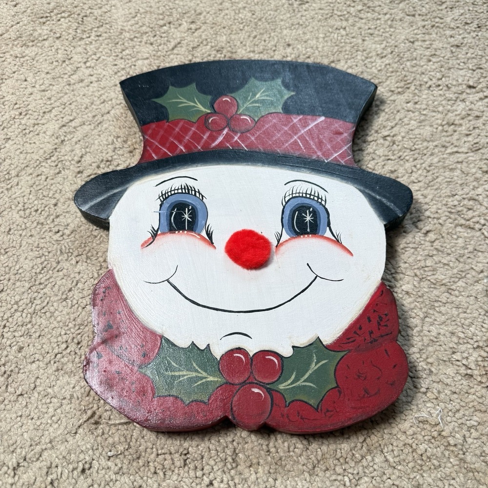 Primitive Wooden Snowman Christmas Wall Decor Hand Painted Folk Art Holiday 14”
